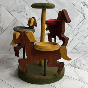 Vintage Wood Carousel Candle Holders Wooden Horses Hand Made Primitive Folk Art